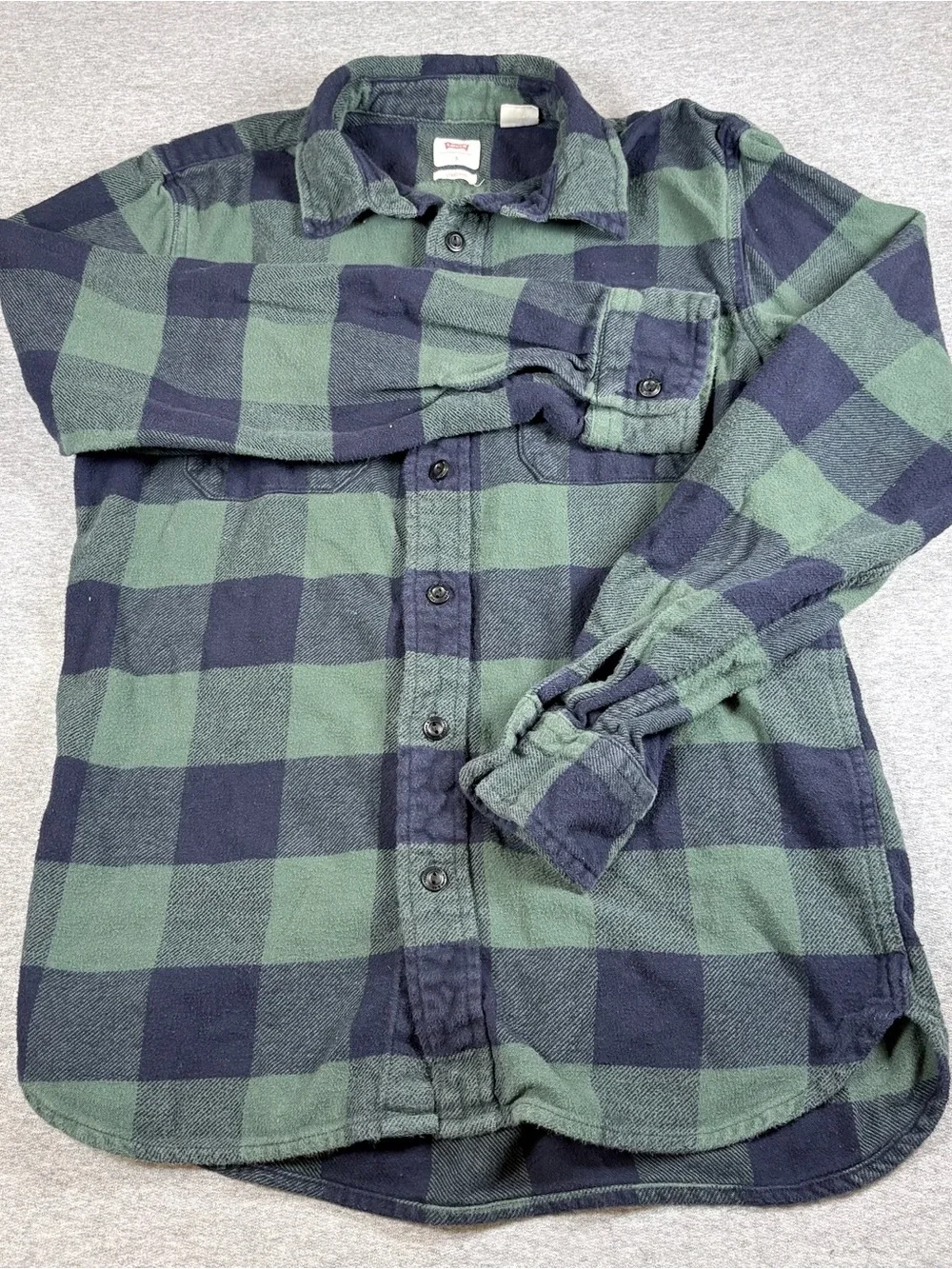 Levis Flannel Shirt Mens S Green Black Plaid Button Up Casual Cotton Batwing Tag